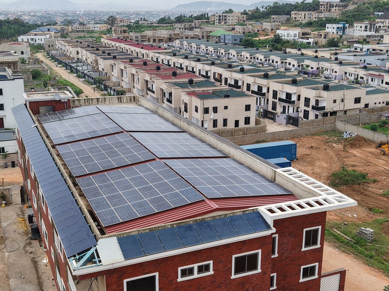Solar panels covering the roof of the Brainsfield meter factory in Pokuase
